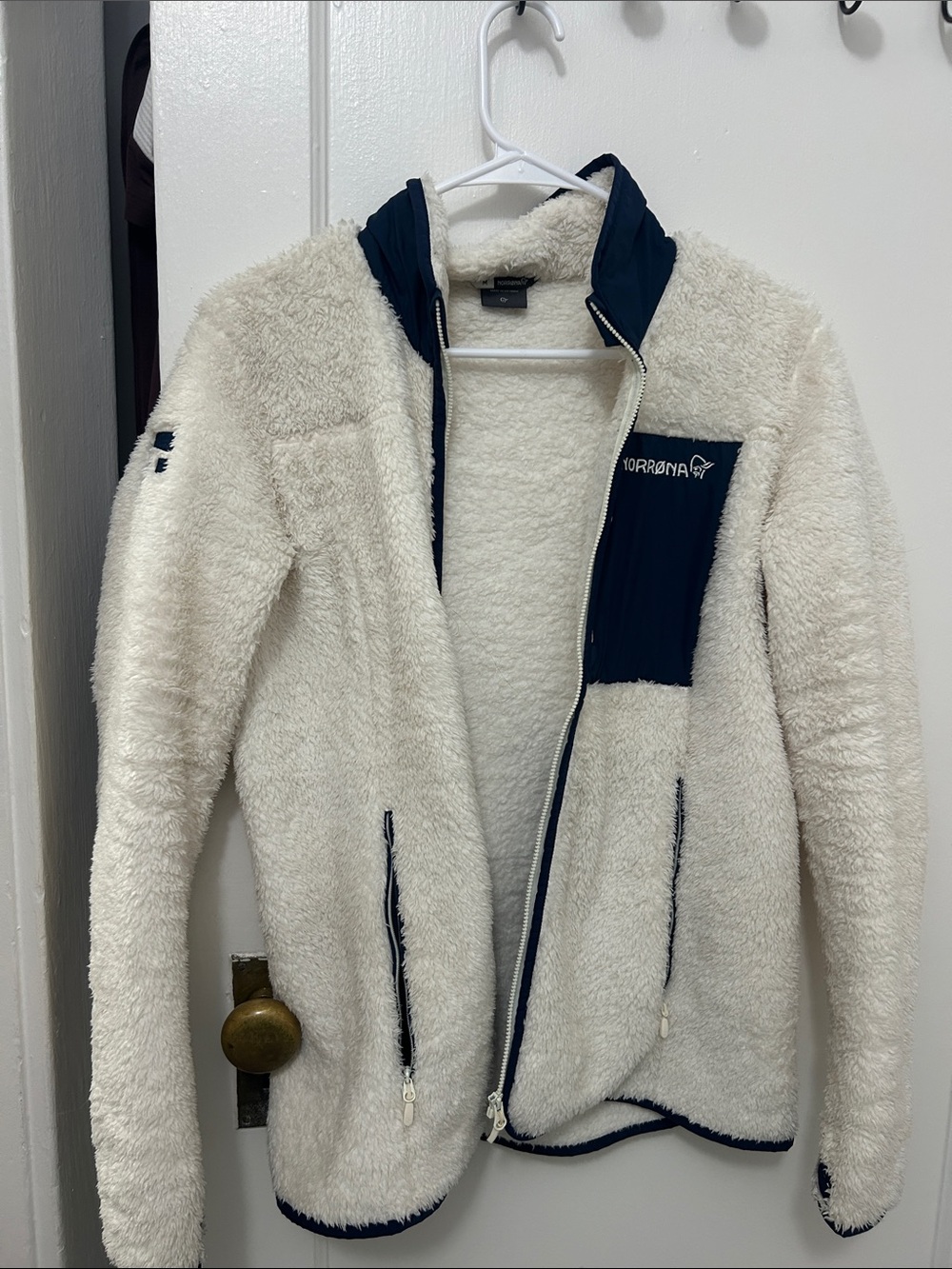 Women's White Fleece Ski Jacket with Navy Trim